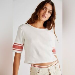 FREE PEOPLE Field Goal Short Sleeve Wide Neck Varsity Tee Shirt Crop Top